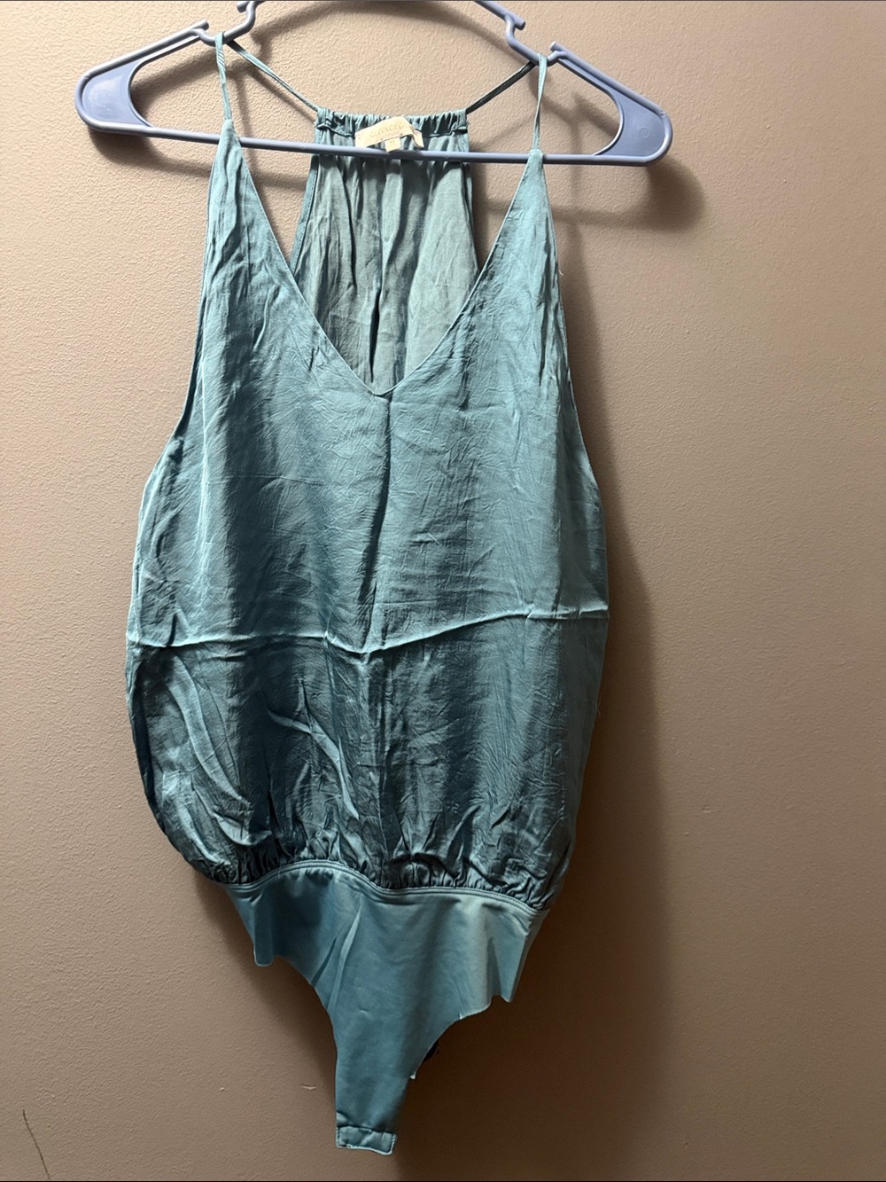 Olivaceous Seafoam Green V-Neck Satin-Look Bodysuit